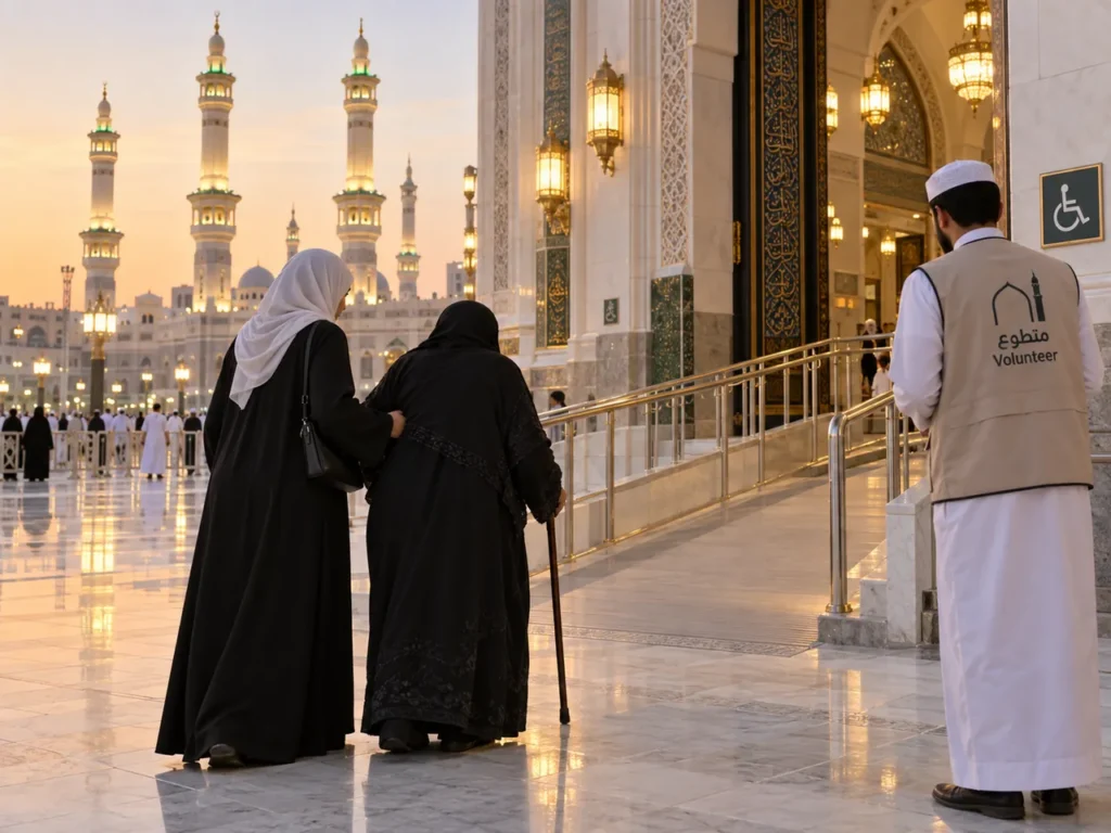 شابة ترافق جدتها المسنة نحو مدخل المسجد عبر منحدر مريح