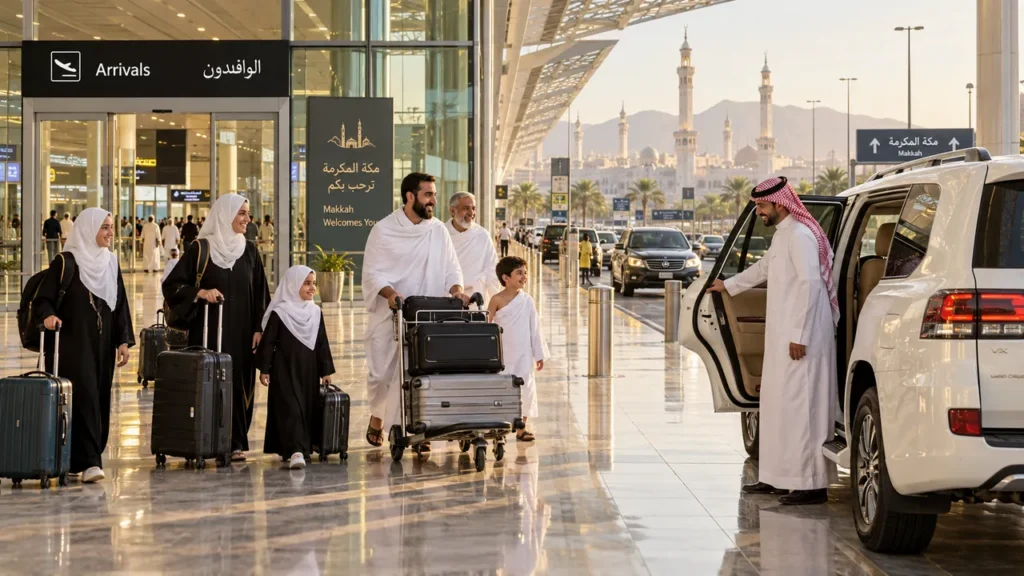 سائق يفتح باب سيارة عائلية لحجاج وصلوا للتو إلى المطار