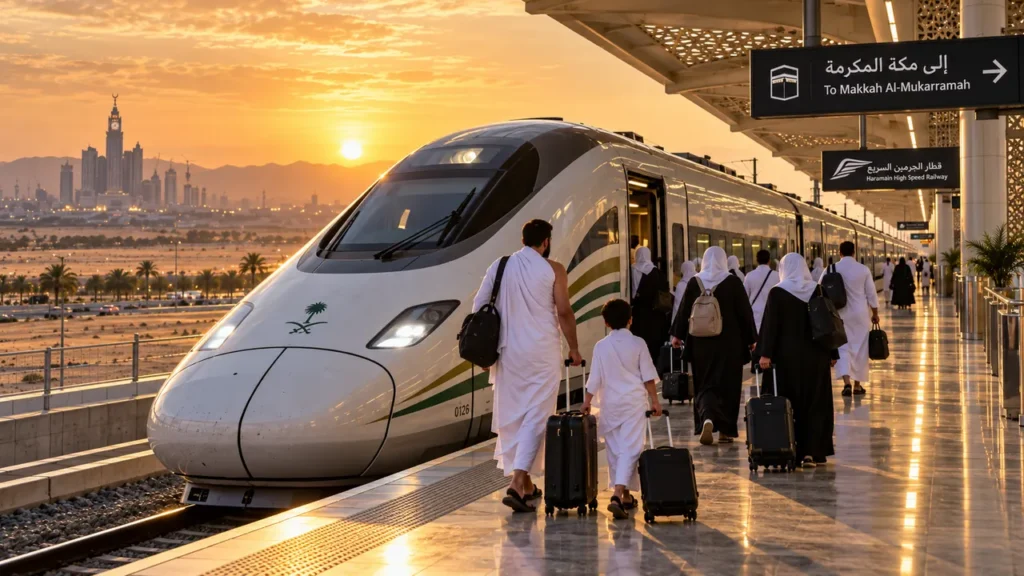 قطار الحرمين السريع في المحطة وعائلة من الحجاج تصعد إليه مع حقائبها عند الغروب