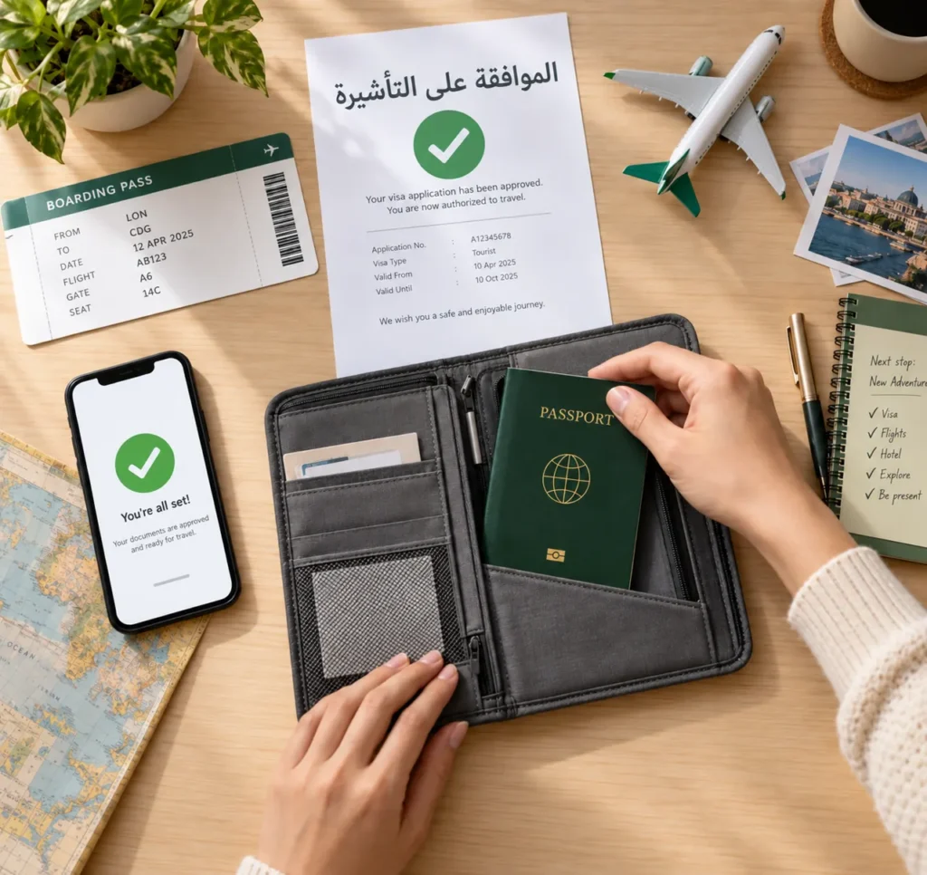 جواز سفر وموافقة التأشيرة وبطاقة صعود الطائرة جاهزة على المكتب